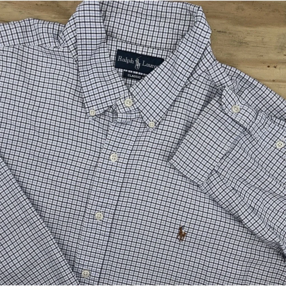Polo Ralph Lauren Button Down XXL 2XL White Blue Black Plaid Check Long Sleeve
